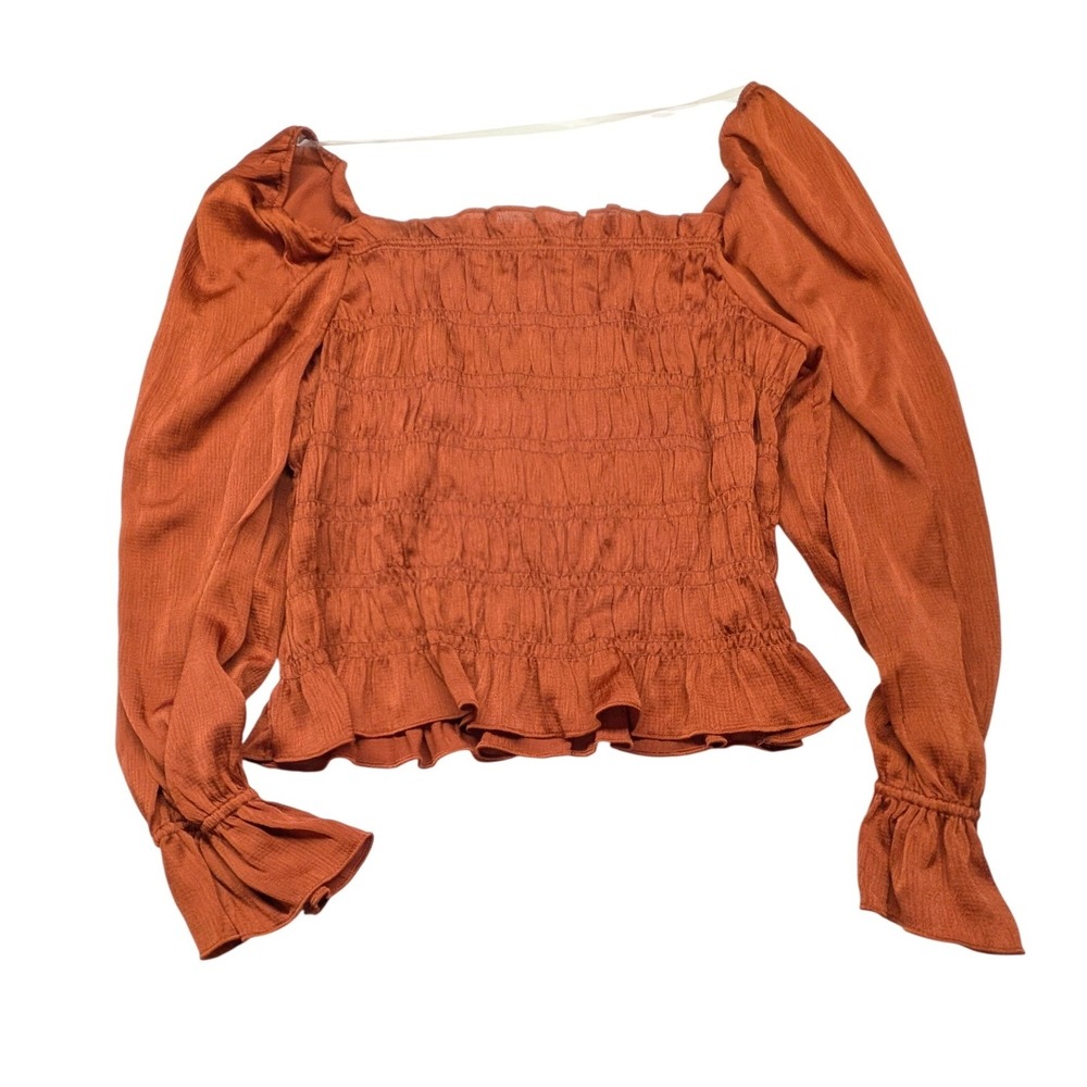 A New Day Rust Brown Smocked Puff Sleeve Top Square Neck Ruffle Hem Large